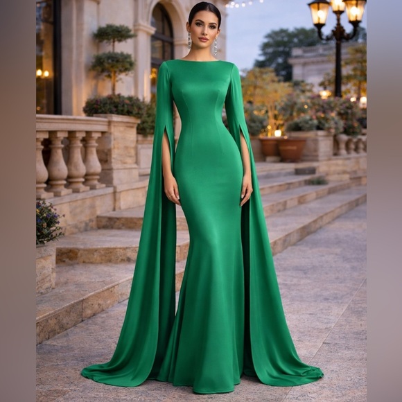 Glitz Dresses & Skirts - Emerald Green Cape Evening Gown – Luxury Formal, Wedding Guest, Birthday Dress